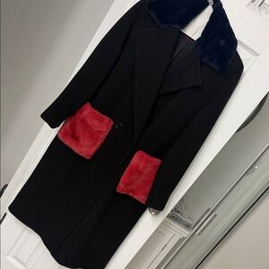 Helene Berman Black Trench Coat with Red Pocket Accents and Navy Collar